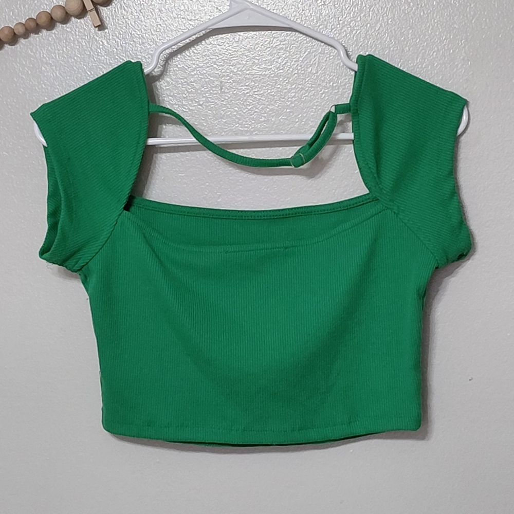 Rusttydustty Spring Green Ribbed Open Back Crop Top Size Medium - Picture 2 of 5
